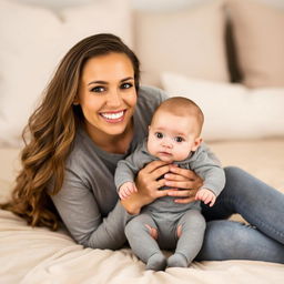 A smiling woman with long, wavy hair and soft makeup sits on a beige bedspread, gently holding a baby