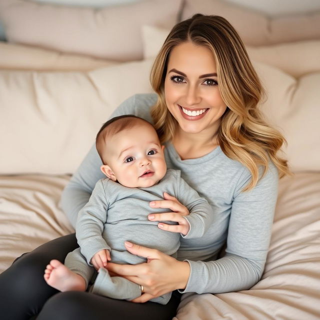 A smiling woman with long, wavy hair and soft makeup sits on a beige bedspread, gently holding a baby