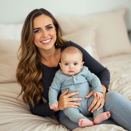 A smiling woman with long, wavy hair and soft makeup sits on a beige bedspread, gently holding a baby