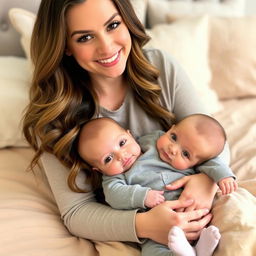 A smiling woman with long, wavy hair and soft makeup sits on a beige bedspread, gently holding a baby