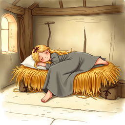 A fairytale illustration of a peasant girl sleeping on a straw mattress