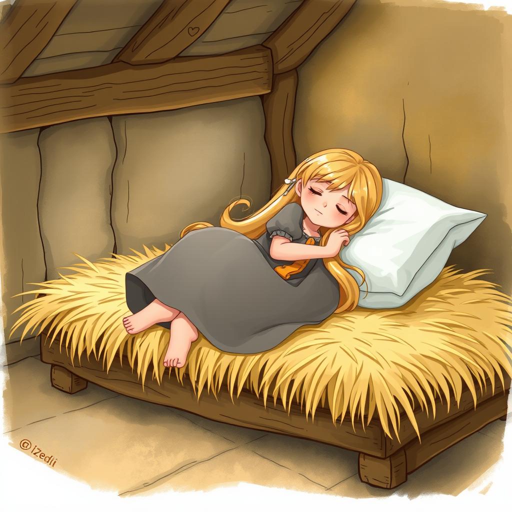 A fairytale illustration of a peasant girl sleeping on a straw mattress