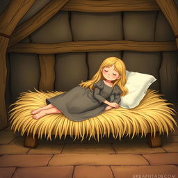 A fairytale illustration of a peasant girl sleeping on a straw mattress