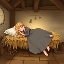 A fairytale illustration of a peasant girl sleeping on a straw mattress