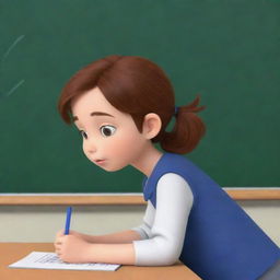 Animated image of a girl with brown hair, writing diligently on a school board.