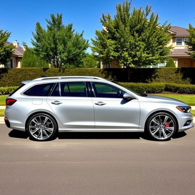 A silver station wagon with 18-inch style 37 rims, showcasing a unique and elegant design