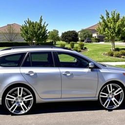 A silver station wagon with 18-inch style 37 rims, showcasing a unique and elegant design