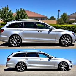 A silver station wagon with 18-inch style 37 rims, showcasing a unique and elegant design