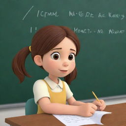 Animated image of a girl with brown hair, writing diligently on a school board.