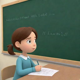 Animated image of a girl with brown hair, writing diligently on a school board.