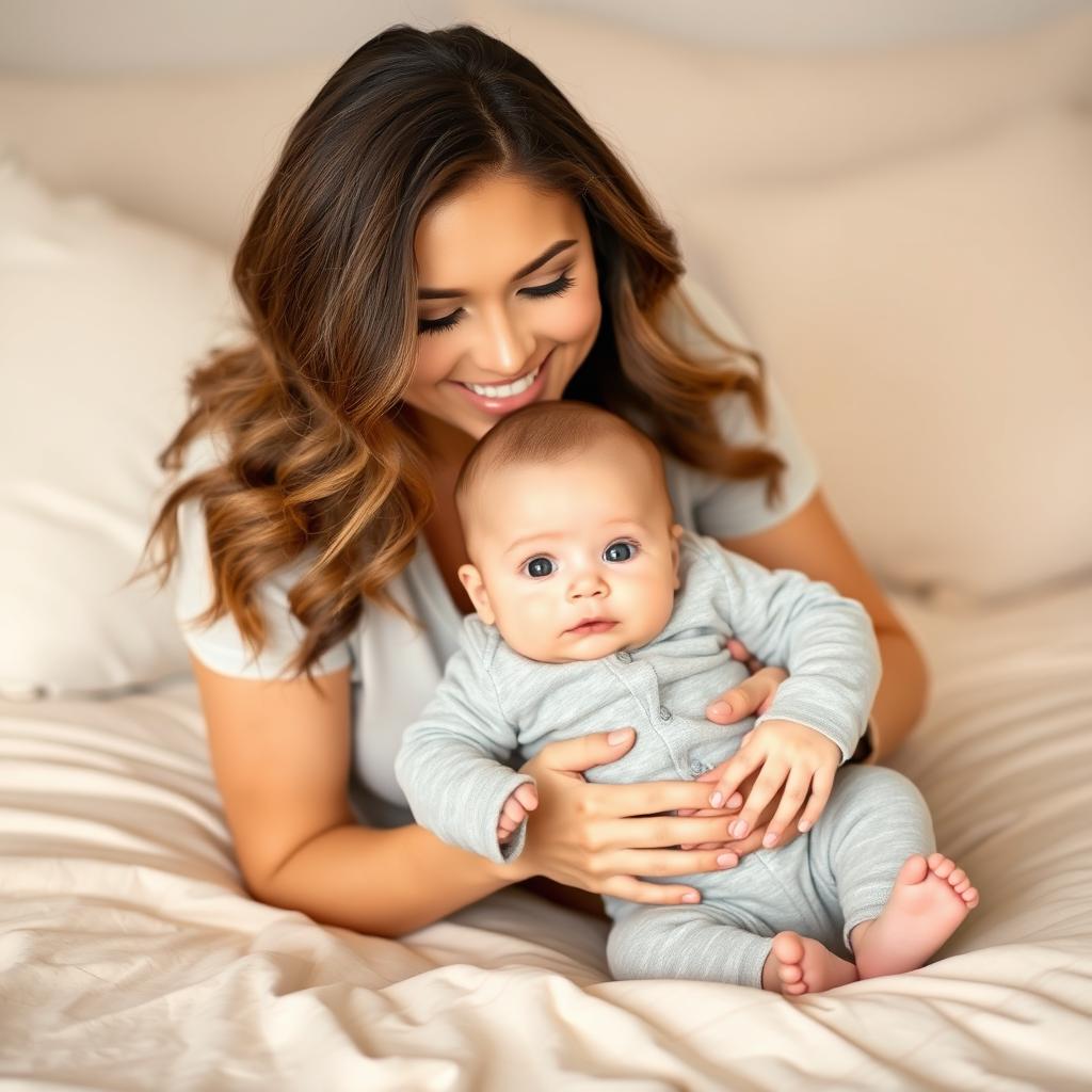 A smiling woman with long, wavy hair and soft makeup sits on a beige bedspread, gently holding a baby