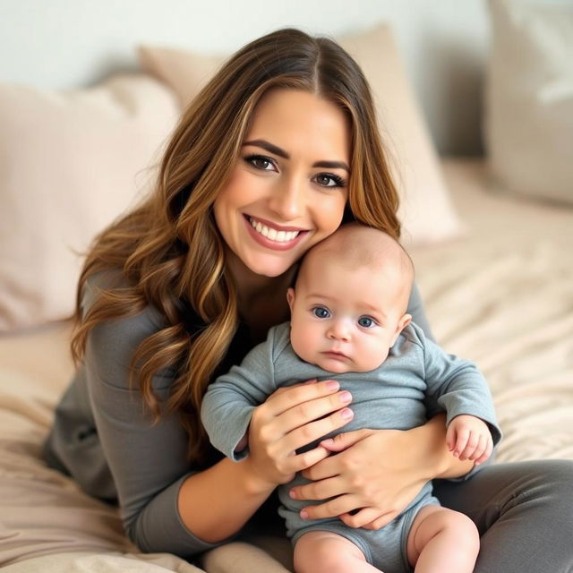 A smiling woman with long, wavy hair and soft makeup sits on a beige bedspread, gently holding a baby