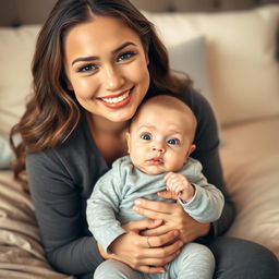 A smiling woman with long, wavy hair and soft makeup sits on a beige bedspread, gently holding a baby