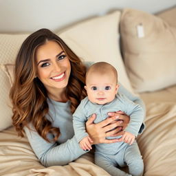 A smiling woman with long, wavy hair and soft makeup sits on a beige bedspread, gently holding a baby