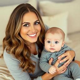 A smiling woman with long, wavy hair and soft makeup sits on a beige bedspread, gently holding a baby