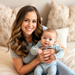 A smiling woman with long, wavy hair and soft makeup sits on a beige bedspread, gently holding a baby