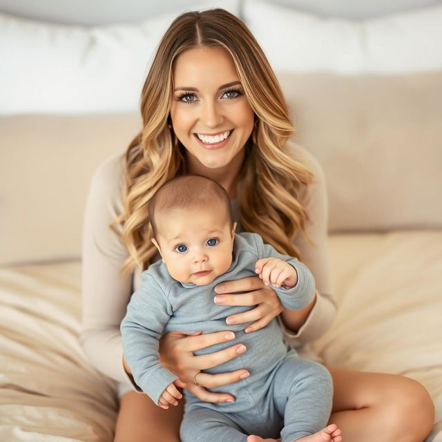 A smiling woman with long, wavy hair and soft makeup sits on a beige bedspread, gently holding a baby