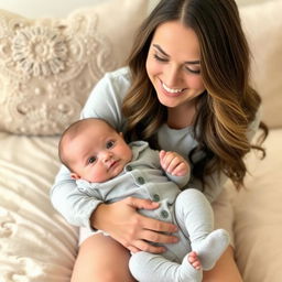 A smiling woman with long, wavy hair and soft makeup sits on a beige bedspread, gently holding a baby