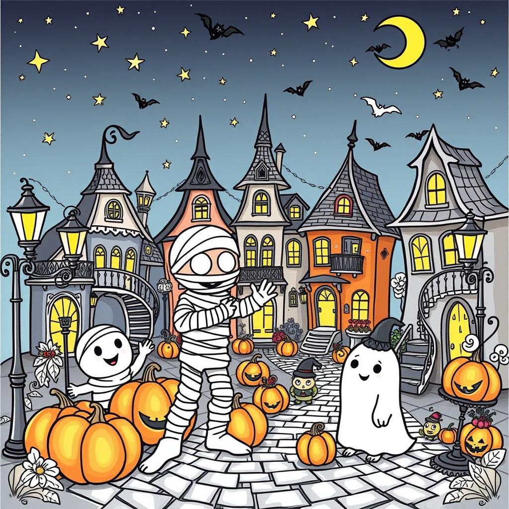 A delightful coloring page showcasing an adorable and cute scene featuring a mummy, a ghost, and various other endearing spooky friends