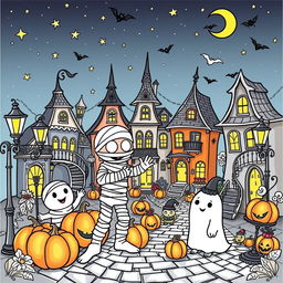 A delightful coloring page showcasing an adorable and cute scene featuring a mummy, a ghost, and various other endearing spooky friends