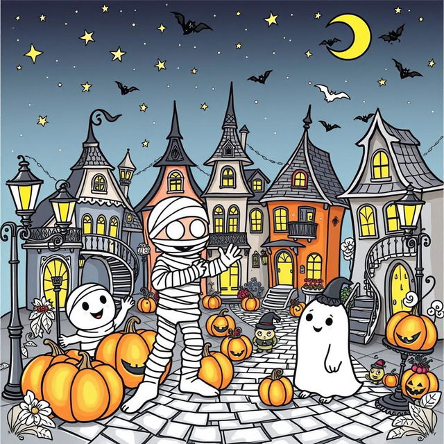 A delightful coloring page showcasing an adorable and cute scene featuring a mummy, a ghost, and various other endearing spooky friends