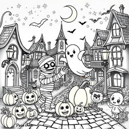 A delightful coloring page showcasing an adorable and cute scene featuring a mummy, a ghost, and various other endearing spooky friends