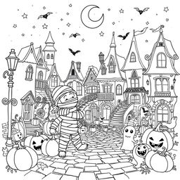 A delightful coloring page showcasing an adorable and cute scene featuring a mummy, a ghost, and various other endearing spooky friends
