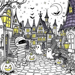 A delightful coloring page showcasing an adorable and cute scene featuring a mummy, a ghost, and various other endearing spooky friends