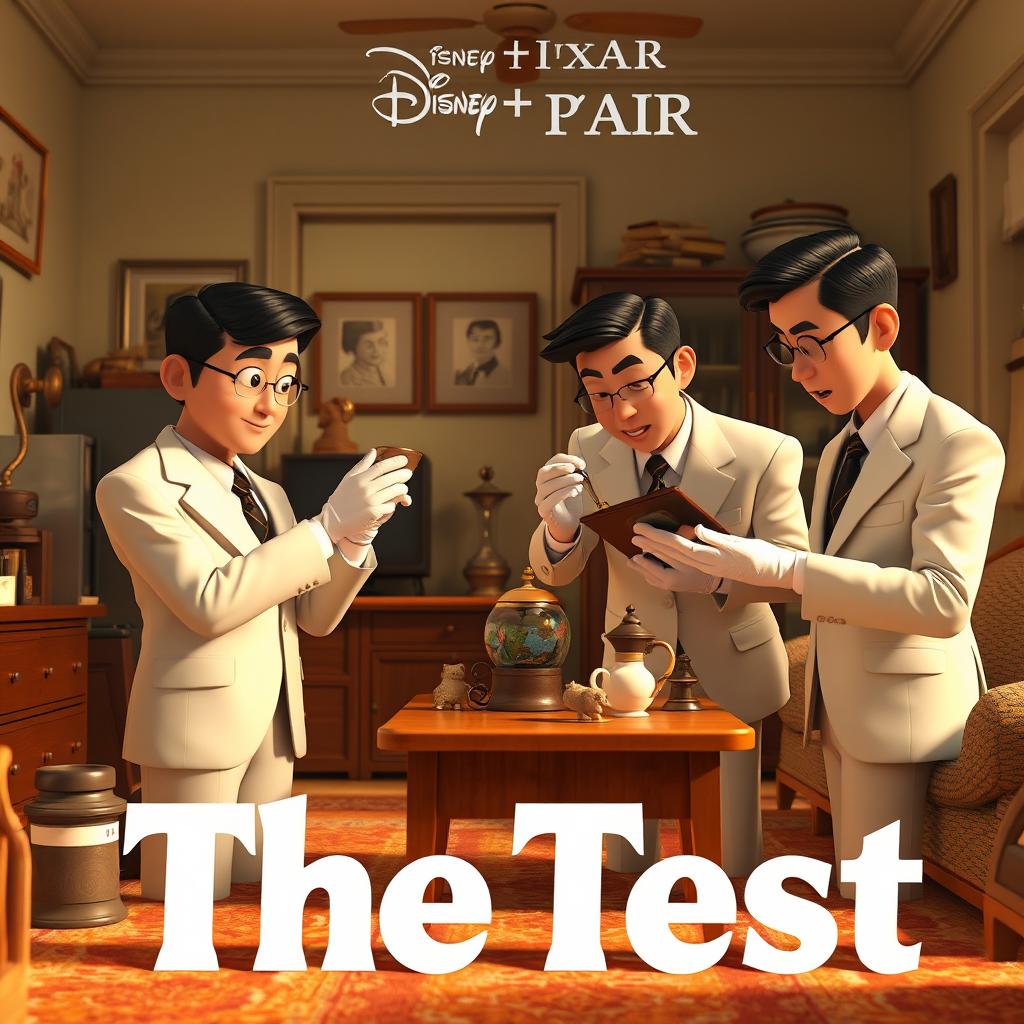 A Disney + Pixar inspired 3D render featuring a group of Asian men in white suits with white gloves, interacting with various household items in an old apartment setting