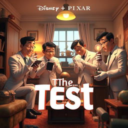 A Disney + Pixar inspired 3D render featuring a group of Asian men in white suits with white gloves, interacting with various household items in an old apartment setting