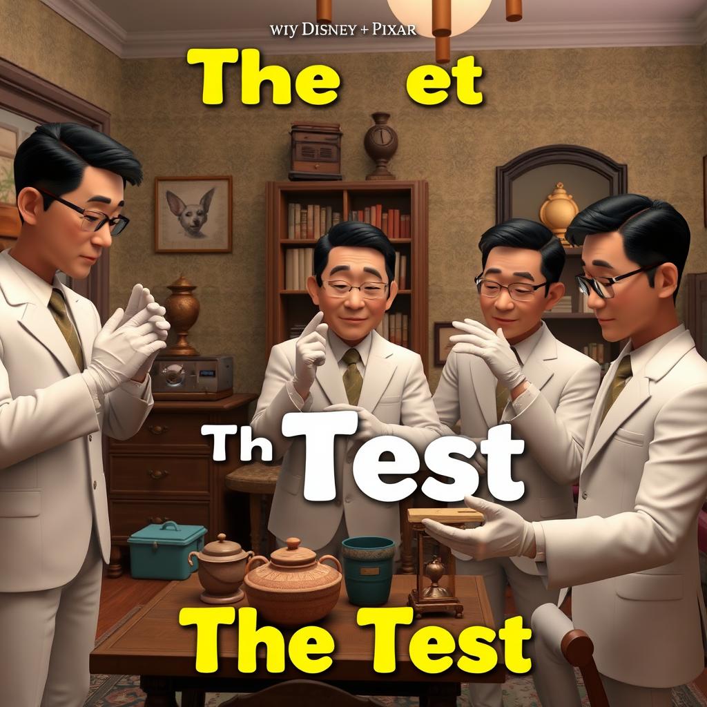 A Disney + Pixar inspired 3D render featuring a group of Asian men in white suits with white gloves, meticulously examining and touching various household items in an old apartment