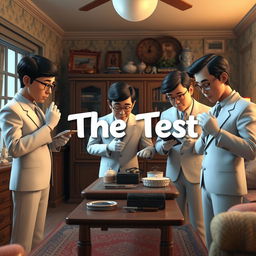 A Disney + Pixar inspired 3D render featuring a group of Asian men in white suits with white gloves, meticulously examining and touching various household items in an old apartment