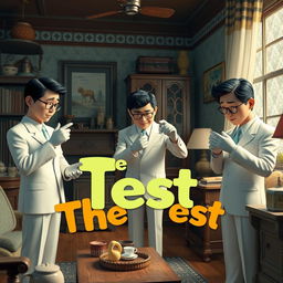 A Disney + Pixar inspired 3D render featuring a group of Asian men in white suits with white gloves, meticulously examining and touching various household items in an old apartment