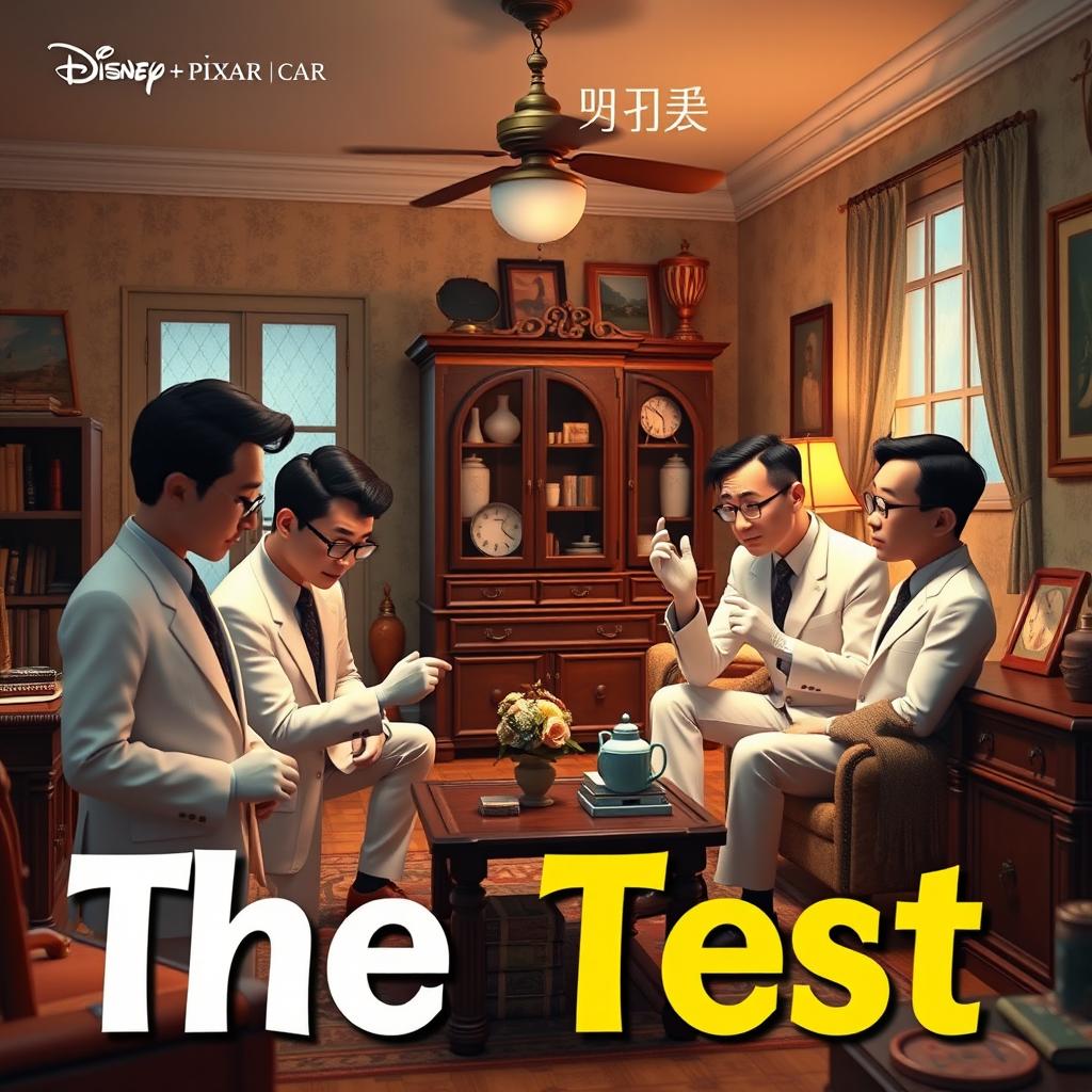 A Disney + Pixar inspired 3D render featuring a group of Asian men in white suits with white gloves, meticulously examining and touching various household items in an old apartment