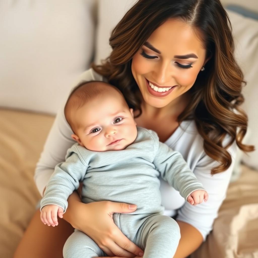 A smiling woman with long, wavy hair and soft makeup sits on a beige bedspread, gently holding a baby