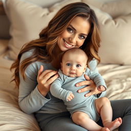 A smiling woman with long, wavy hair and soft makeup sits on a beige bedspread, gently holding a baby