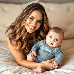 A smiling woman with long, wavy hair and soft makeup sits on a beige bedspread, gently holding a baby