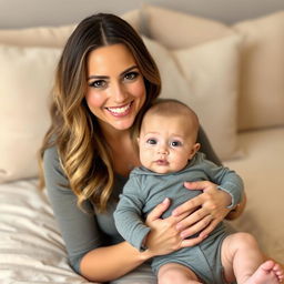 A smiling woman with long, wavy hair and soft makeup sits on a beige bedspread, gently holding a baby