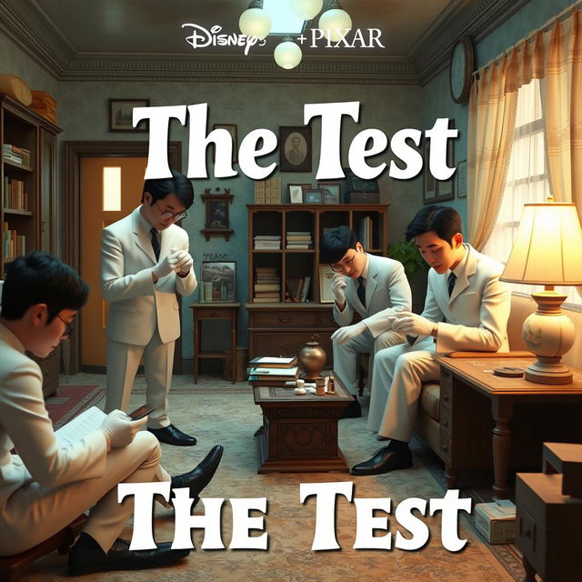 A Disney + Pixar inspired 3D render featuring 3-5 Asian men in white suits, each wearing white gloves, scattered around an old apartment