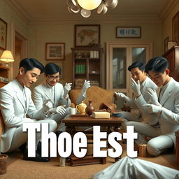 A Disney + Pixar inspired 3D render featuring 3-5 Asian men in white suits, each wearing white gloves, scattered around an old apartment