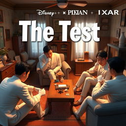 A Disney + Pixar inspired 3D render featuring 3-5 Asian men in white suits, each wearing white gloves, scattered around an old apartment