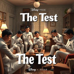A Disney + Pixar inspired 3D render featuring 3-5 Asian men in white suits, each wearing white gloves, scattered around an old apartment