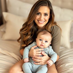 A smiling woman with long, wavy hair and soft makeup sits on a beige bedspread, gently holding a baby