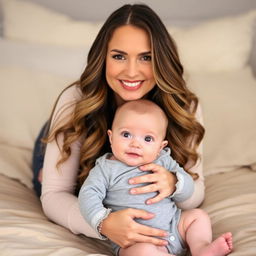 A smiling woman with long, wavy hair and soft makeup sits on a beige bedspread, gently holding a baby