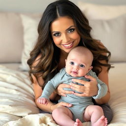 A smiling woman with long, wavy hair and soft makeup sits on a beige bedspread, gently holding a baby