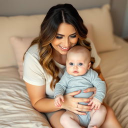 A smiling woman with long, wavy hair and soft makeup sits on a beige bedspread, gently holding a baby