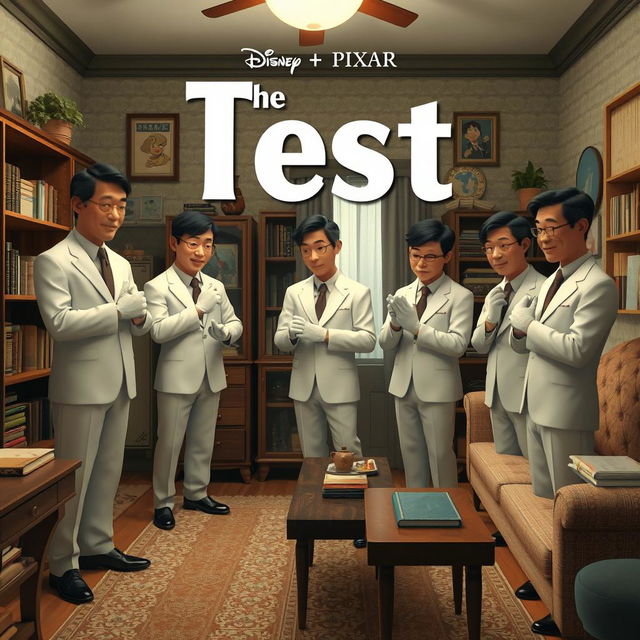 A Disney + Pixar inspired 3D render featuring 3-5 Asian men in white suits, each wearing white gloves, scattered around an old apartment