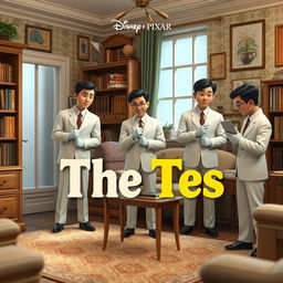 A Disney + Pixar inspired 3D render featuring 3-5 Asian men in white suits, each wearing white gloves, scattered around an old apartment