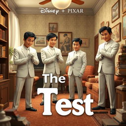 A Disney + Pixar inspired 3D render featuring 3-5 Asian men in white suits, each wearing white gloves, scattered around an old apartment