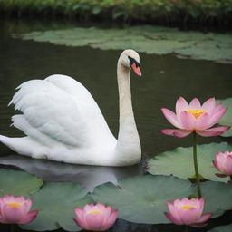 A graceful swan and a flamboyant peacock, interacting peacefully on a serene lotus lake, surrounded by beautifully blooming lotus flowers.